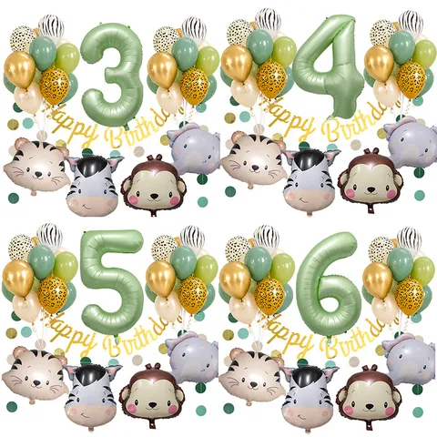 Retro Green Jungle Animal Theme Balloon Set For Birthday Party Background Wall Decoration Foil Animal Head Latex Balloons