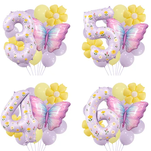 Spring Purple Daisy Butterfly Number Foil Balloon Set Purple Birthday Party Decorations For Baby Shower Kids Balloon Bouquet
