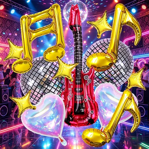 Rock Guitar Music Notes Foil Balloons Set Disco Theme Birthday Party Decoration Shiny Metallic Metallic Air Balloons Kit