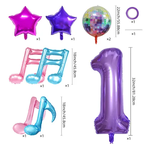 Y2K Μωβ Disco Μουσική Θέμα Σετ Μπαλόνι Λατέξ από Αλουμινόχαρτο Μουσική Νότα Αστέρι Ντίσκο Μπάλα Αριθμός Μπαλόνι Για Διακοσμήσεις Πάρτι Γενεθλίων
