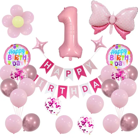 Ins Style Birthday Party Balloon Set Happy Birthday Banner Bow Flower Number Foil Latex Balloons Pink Blue Baby Shower Decorations