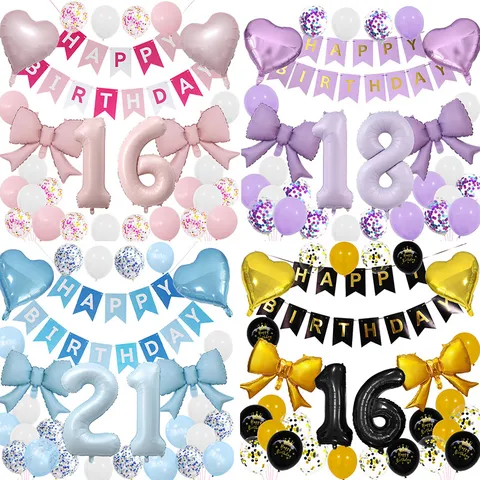 Matte Birthday Balloon Decorations Kit Aluminum Foil Heart Bow Balloon Banner Garland Birthday Party Decor For Adults Kids