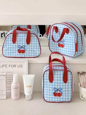 Checkered Cherry Embroidered Makeup Bag Large Capacity Portable Handheld Cosmetic Bag Multi-Functional Travel Toiletry Storage Organizer