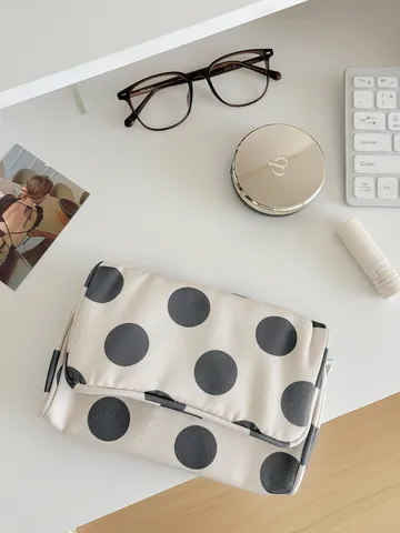 Large Polka Dot Canvas Makeup Bag With Mirror Portable High Capacity Travel Toiletry Bag Lightweight Storage Pouch