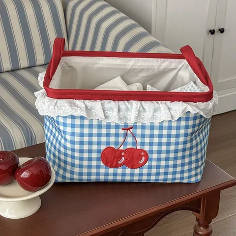 Polyester Plaid Storage Basket Cherry Embroidery Organizer Bin With Handles And Lace Trim For Clothes Home Decor Organization