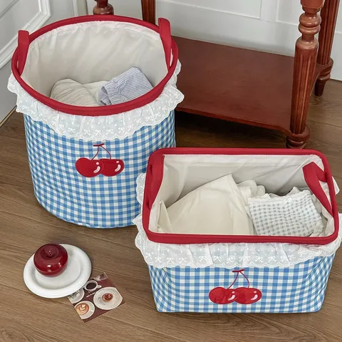 Polyester Plaid Storage Basket Cherry Embroidery Organizer Bin With Handles And Lace Trim For Clothes Home Decor Organization