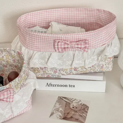 Cesto Portaoggetti In Tessuto A Quadri Con Fiocco In Pizzo Contenitore Organizer Pieghevole Da Scrivania Per Camera Dormitorio