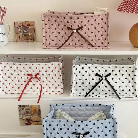 Quilted Polka Dot Rectangular Storage Box Nylon Desktop Organizer Basket With Bow For Cosmetics Stationery Home Office Decor