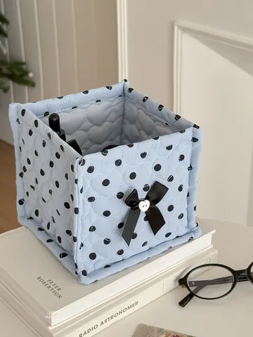 Nylon Quilted Polka Dot Square Storage Basket Bow Heart Decorative Desktop Bedside Organizer Fabric Storage Box