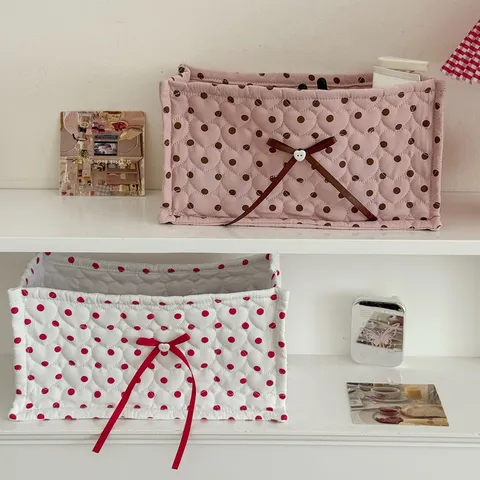 Quilted Polka Dot Rectangular Storage Box Nylon Desktop Organizer Basket With Bow For Cosmetics Stationery Home Office Decor
