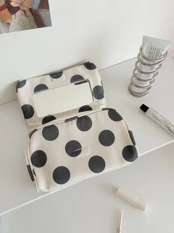 Large Polka Dot Canvas Makeup Bag With Mirror Portable High Capacity Travel Toiletry Bag Lightweight Storage Pouch