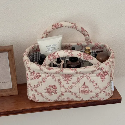 French Retro Red Vine Floral Print Quilted Cotton Fabric Desktop Storage Basket With Handles Small Organizer For Cosmetic Snack