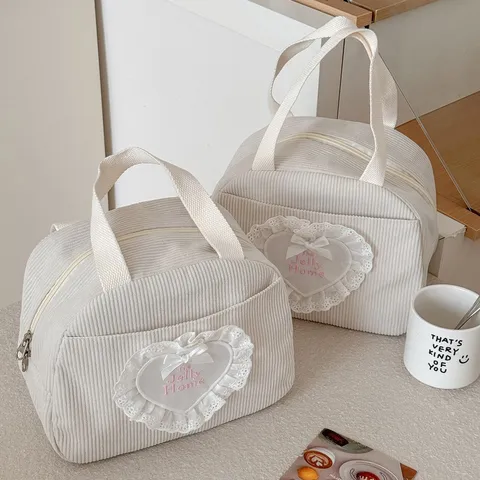 Dames Corduroy Kant Hart Borduurwerk Lunchtas Grote Capaciteit Geïsoleerde Picknick Opbergtas Voor School Kantoor Dagelijks