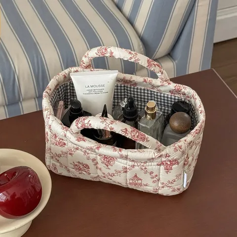 French Retro Red Vine Floral Print Quilted Cotton Fabric Desktop Storage Basket With Handles Small Organizer For Cosmetic Snack