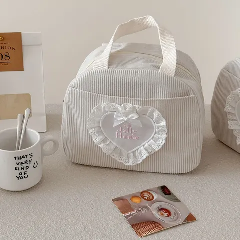 Dames Corduroy Kant Hart Borduurwerk Lunchtas Grote Capaciteit Geïsoleerde Picknick Opbergtas Voor School Kantoor Dagelijks