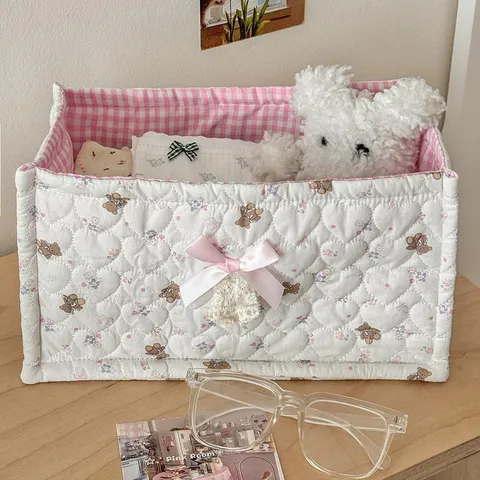 Heart Quilted Fabric Storage Bin With Lace Bow Sweet Rectangular Desktop Organizer For Cosmetics Sundries Home Bedroom Decor