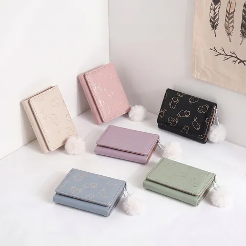 Cute Cartoon Cat Short Wallet For Women PU Leather Tri-fold Coin Purse With Fur Ball Pendant Student Small Wallet