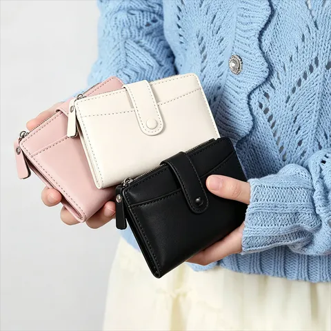 Japanese Macaron Color PU Leather Bi-fold Wallet For Women Large Capacity Multi-card Slot Zipper Coin Purse Small Travel Wallet