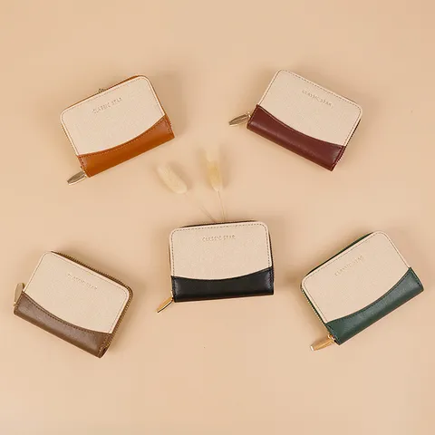 Damen Akkordeon Kartenetui Mode PU Leder Stoff Patchwork Mehrere Kartenfächer Reißverschluss Geldbörse Kleine Münztasche Kreditkartenhülle