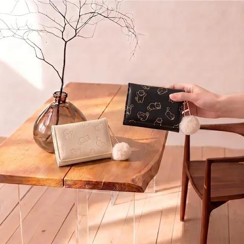 Cute Cartoon Cat Short Wallet For Women PU Leather Tri-fold Coin Purse With Fur Ball Pendant Student Small Wallet