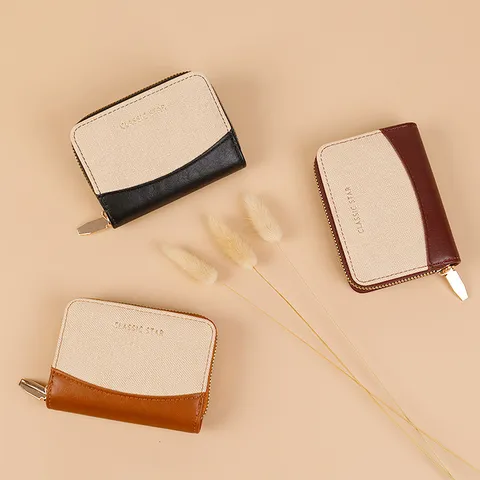 Damen Akkordeon Kartenetui Mode PU Leder Stoff Patchwork Mehrere Kartenfächer Reißverschluss Geldbörse Kleine Münztasche Kreditkartenhülle