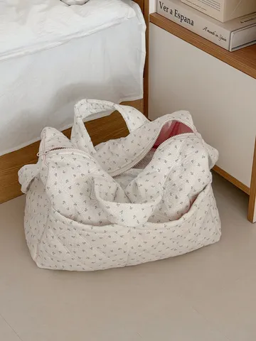 Women Floral Quilted Travel Bag Large Capacity Handbag Korean Style Ins Sweet Tote Bag For Student Daily Commute Duffel Bag