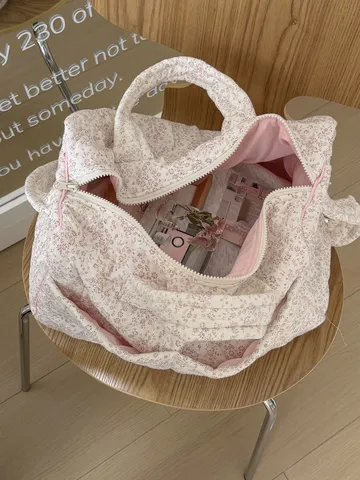 Women Floral Quilted Travel Bag Large Capacity Handbag Korean Style Ins Sweet Tote Bag For Student Daily Commute Duffel Bag