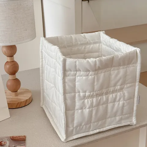 White Quilted Fabric Storage Basket Large Capacity Desktop Organizer Cosmetic Storage Bin For Bedroom Dorm Home Decor
