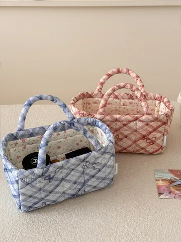 Quilted Cotton Storage Basket Diamond Lattice Bowknot Desktop Organizer Bin Sweet Fabric Household Grid Storage Basket Basket
