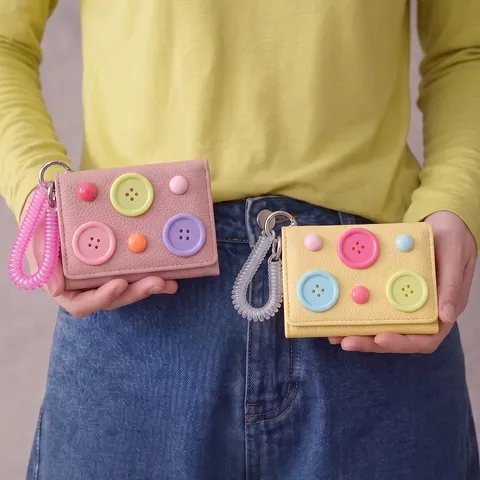 Women Korean Style PU Leather Short Wallet With Colorful Button Decor And Spring Rope Three-Fold Coin Purse Card Holder Portable Daily Wallet
