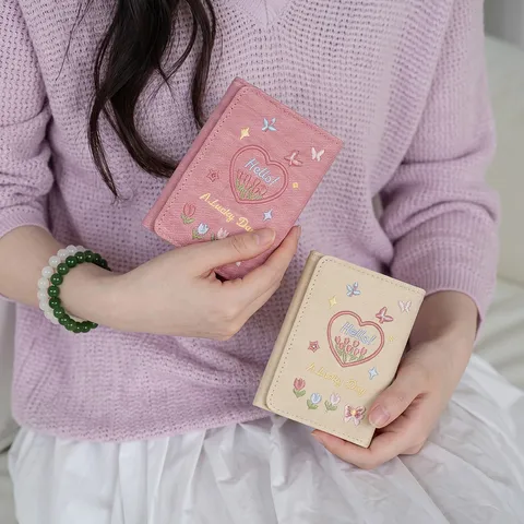 Women Denim PU Leather Trifold Wallet Butterfly Floral Embroidery Large Capacity Short Coin Purse Card Holder Clutch