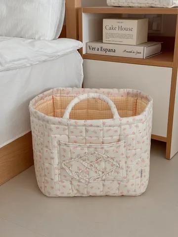 Floraler Gesteppter Aufbewahrungskorb Baumwolle Tragbarer Desktop Organizer Große Kapazität Faltbare Aufbewahrungsbox Für Schlafzimmer Damen