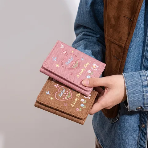 Women Denim PU Leather Trifold Wallet Butterfly Floral Embroidery Large Capacity Short Coin Purse Card Holder Clutch