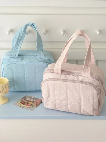 Solid Color Nylon Cosmetic Bag Quilted Toast Cloud Shape Toiletry Organizer Handheld Large Capacity Makeup Storage Pouch
