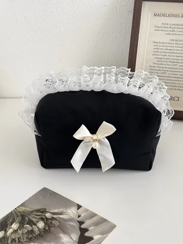 Elegante Bolsa de Cosméticos de Algodón Acolchado Negro Con Ribete de Encaje Blanco Lazo Pendentif de Perla Artificial Pochette de Viaje Monedero Con Cremallera Estuche de Lápices Organizador Para Mujeres