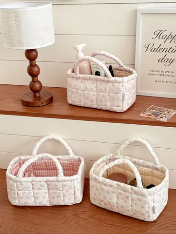 Frisch Süß Polyester Gesteppt Blumen Desktop Aufbewahrungskorb Mit Griff Bedruckt Snack Organizer Für Zuhause Haushalt