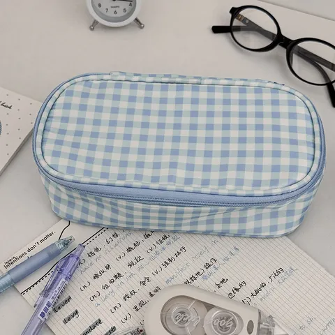 Plaid Pencil Case Large Capacity Polyester Printed Stationery Organizer Grid Pencil Box For Students Office School Supplies