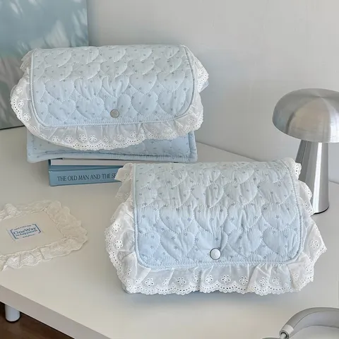 Modern Minimalist Cotton Quilted Storage Basket Fresh Light Blue Heart Star Print Desktop Organizer Bin Rectangle Storage Box With Lace Trim Magnetic Closure Fabric Storage Basket Box For Dorm Bedroom Home Decoration