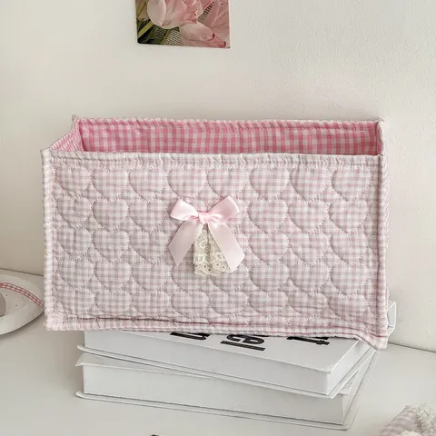 Heart Quilted Fabric Storage Bin With Lace Bow Sweet Rectangular Desktop Organizer For Cosmetics Sundries Home Bedroom Decor
