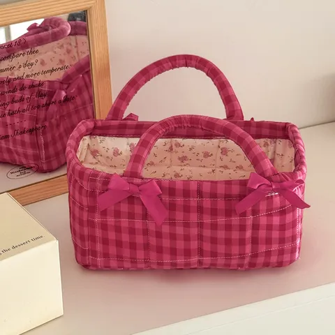 French Retro Quilted Storage Basket Small Gingham Cosmetic Bag With Sweet Bow Handheld Desktop Organizer Cotton Shopping Bag