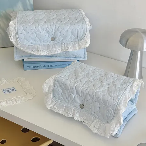 Modern Minimalist Cotton Quilted Storage Basket Fresh Light Blue Heart Star Print Desktop Organizer Bin Rectangle Storage Box With Lace Trim Magnetic Closure Fabric Storage Basket Box For Dorm Bedroom Home Decoration