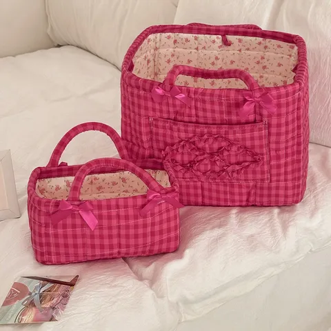 French Retro Quilted Storage Basket Small Gingham Cosmetic Bag With Sweet Bow Handheld Desktop Organizer Cotton Shopping Bag