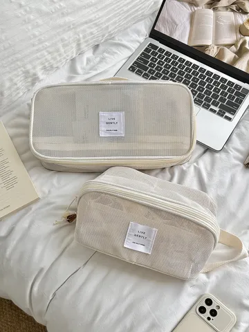 Minimalistisch Netzstoff Kosmetiktasche Atmungsaktiv Reißverschluss Kulturbeutel Cremebeige Große Kapazität Reisen Waschtasche Für Damen