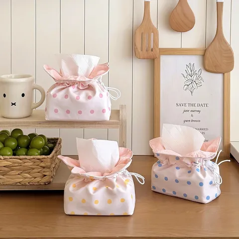 Cute Fabric Polka Dot Floral Tissue Box Cover Modern Minimalist Drawstring Closure Desktop Paper Holder Home Office Decor