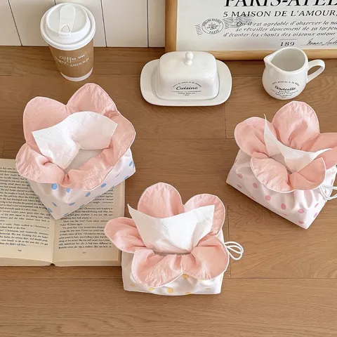 Cute Fabric Polka Dot Floral Tissue Box Cover Modern Minimalist Drawstring Closure Desktop Paper Holder Home Office Decor