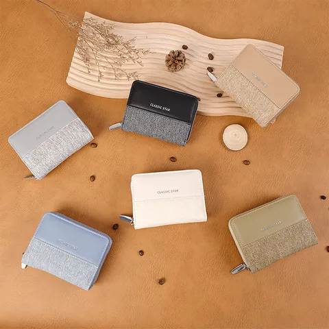 Trendy Korean Style PU Leather Denim Patchwork Bifold Short Wallet For Women Multifunctional Letter Print Zipper Coin Purse Casual Pocket Multi Card Cardholder Clutch