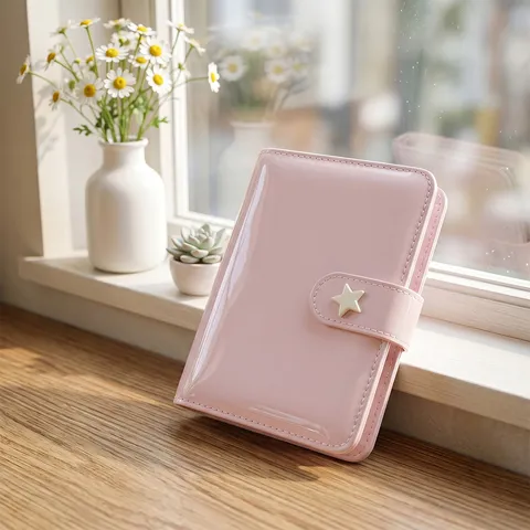 Portefeuille Multifonctionnel pour Femmes Style Coréen Couleur Crème Boucle Étoile Cuir Verni Brillant Carnet à Feuillets Mobiles