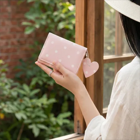 Korean Style Polka Dot Wallet For Women With Heart Pendant PU Leather Mini Card Holder Three-Fold Multi-Functional Purse