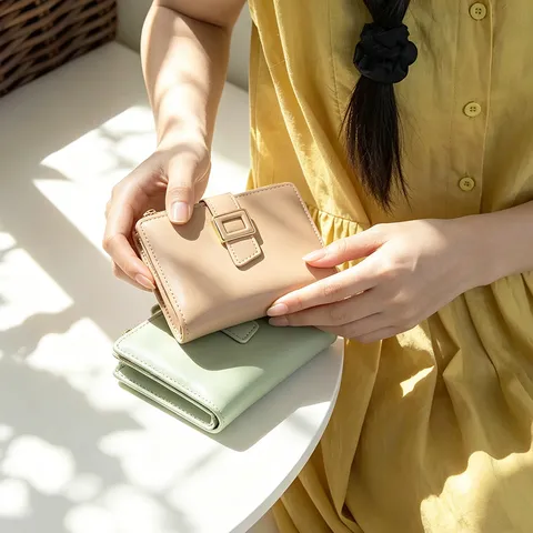 Women Korean Style Simple PU Leather Wallet Square Buckle Zipper Bi-Fold Multi-Functional Short Coin Purse Card Holder Daily Bag