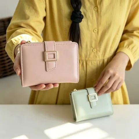 Women Korean Style Simple PU Leather Wallet Square Buckle Zipper Bi-Fold Multi-Functional Short Coin Purse Card Holder Daily Bag